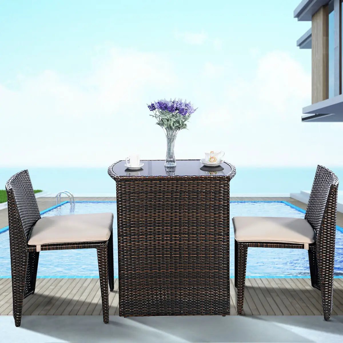 3 Pieces Cushioned Wicker Patio Bistro Set with No Assembly Needed by DirectDeals