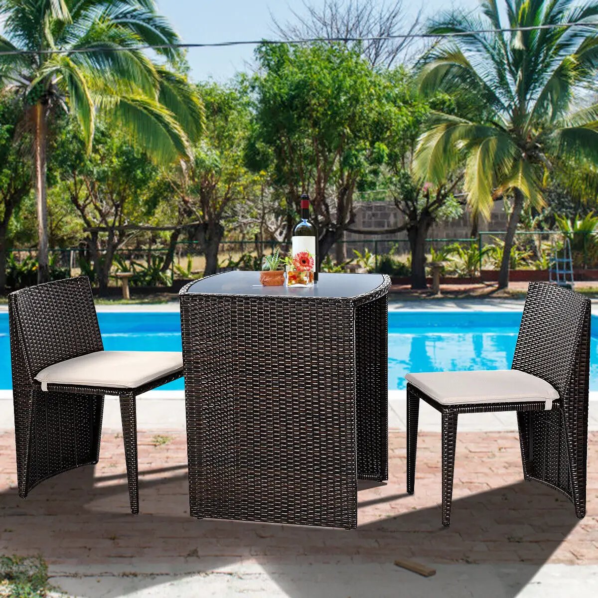 3 Pieces Cushioned Wicker Patio Bistro Set with No Assembly Needed by DirectDeals