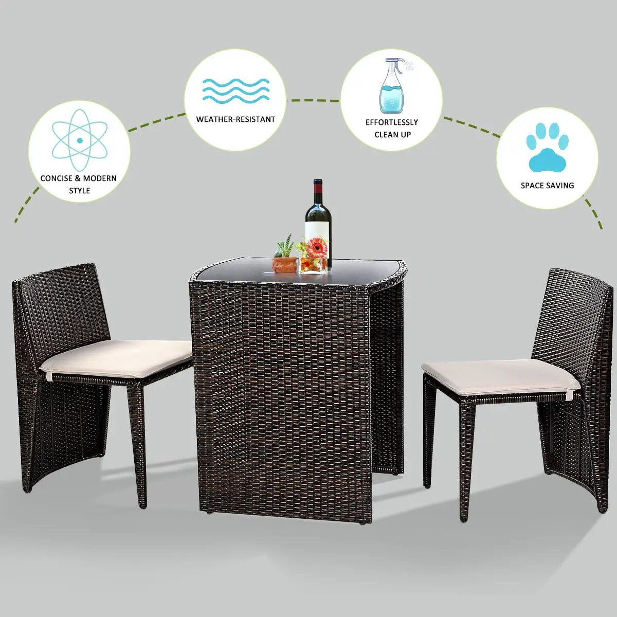 3 Pieces Cushioned Wicker Patio Bistro Set with No Assembly Needed by DirectDeals