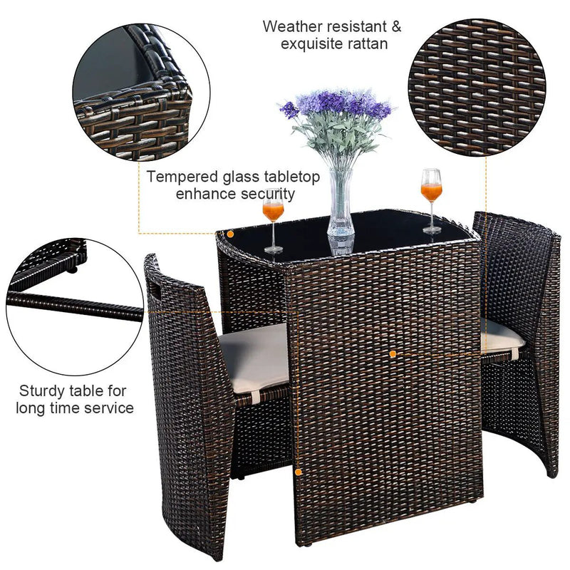 3 Pieces Cushioned Wicker Patio Bistro Set with No Assembly Needed by DirectDeals