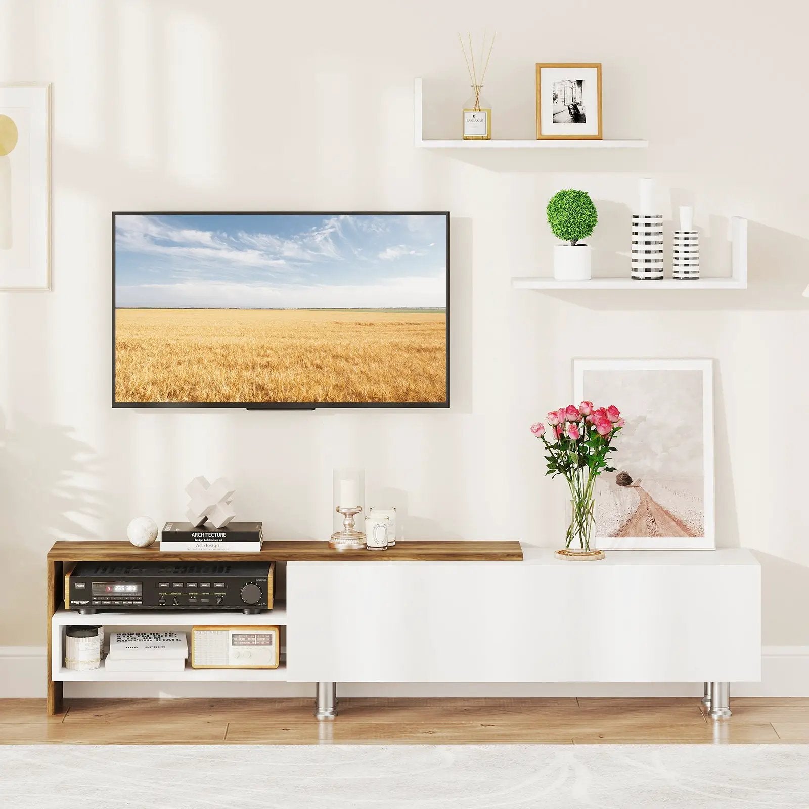 3 Pieces Farmhouse TV Stand for TVs up to 80 Inch with Cabinet and Compartments-White by DirectDeals