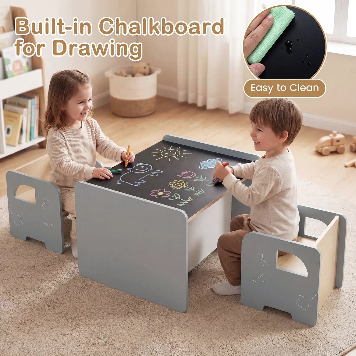 3 Pieces Kids Table and Chair Set with Space-saving Toddler Table and 2 Chairs by DirectDeals