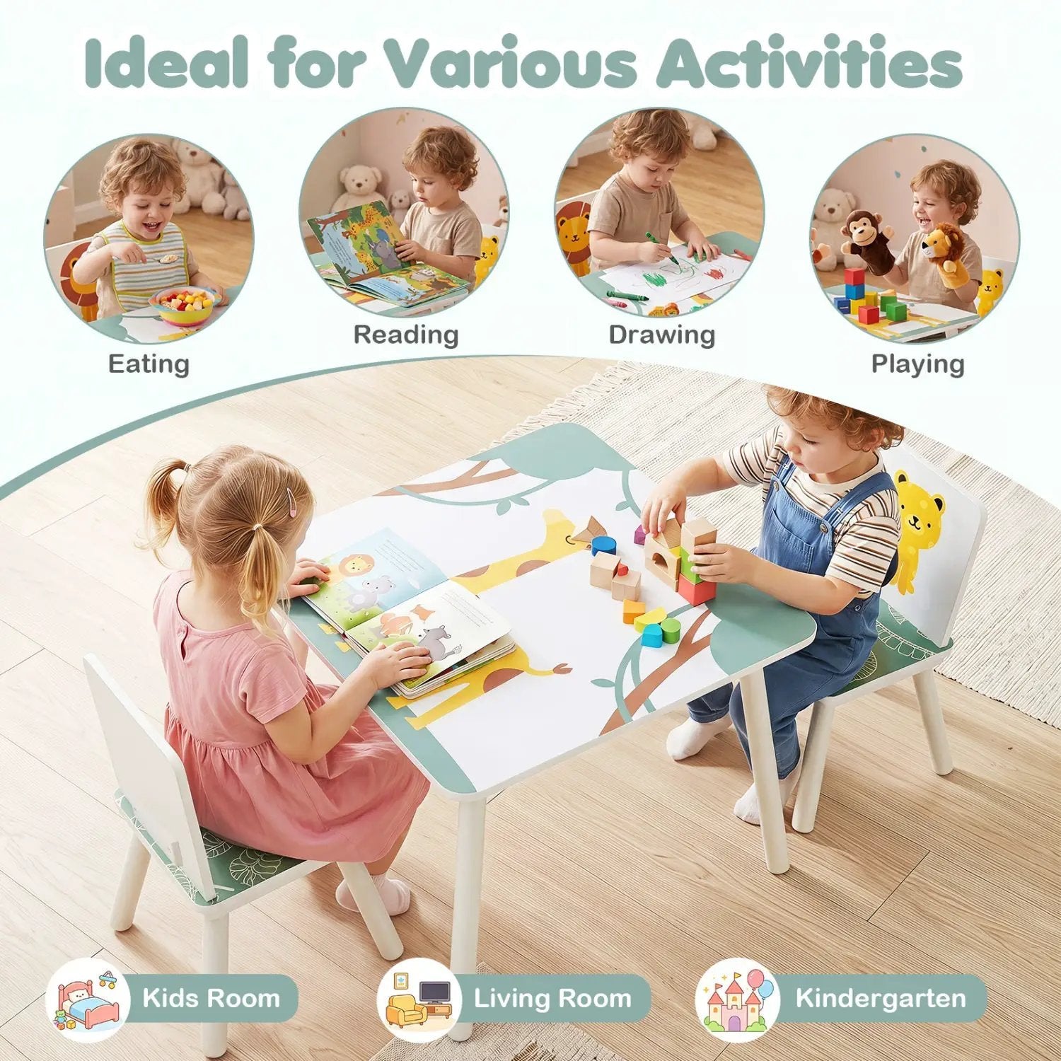 Kids Table and Chair Set with Animal Patterns (3-Piece) by DirectDeals