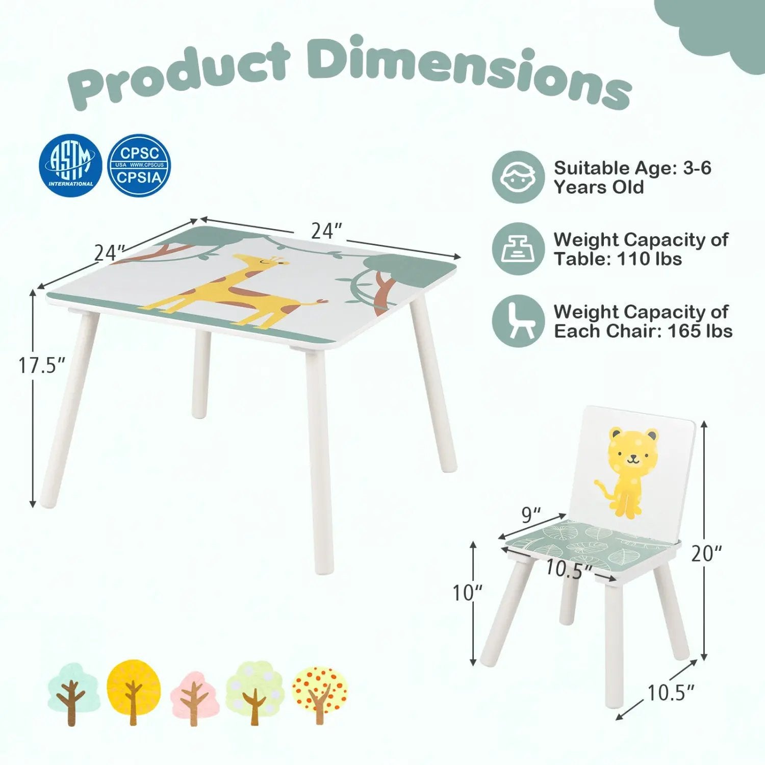 Kids Table and Chair Set with Animal Patterns (3-Piece) by DirectDeals