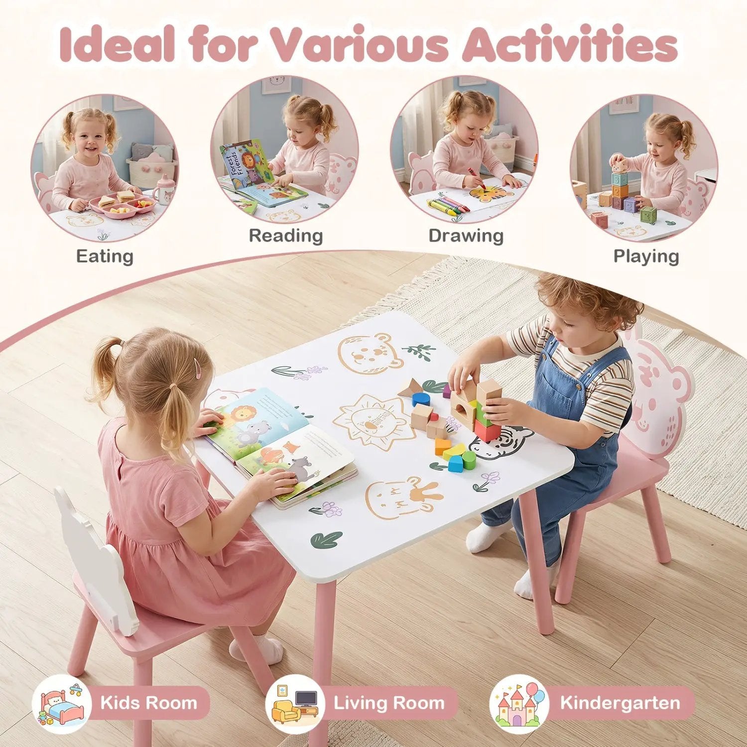 Kids Table and Chair Set with Animal Patterns, 3-Piece by DirectDeals