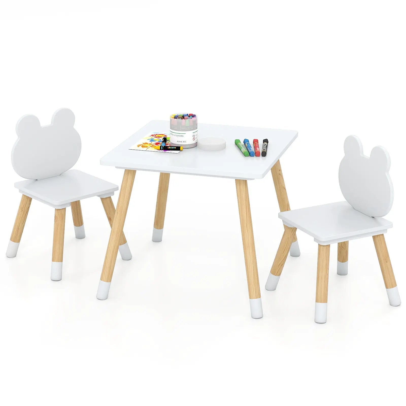 3 Pieces Kids Wooden Table and Chair Set with Cute Froggy Design-White by DirectDeals