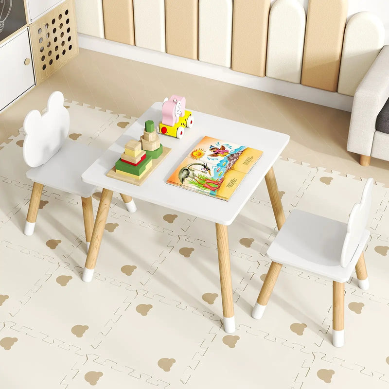 3 Pieces Kids Wooden Table and Chair Set with Cute Froggy Design-White by DirectDeals