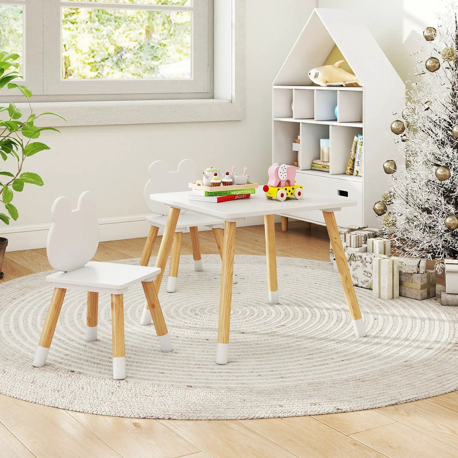 3 Pieces Kids Wooden Table and Chair Set with Cute Froggy Design-White by DirectDeals