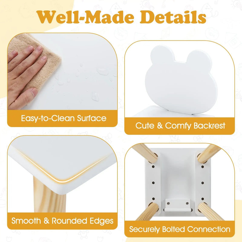 3 Pieces Kids Wooden Table and Chair Set with Cute Froggy Design-White by DirectDeals