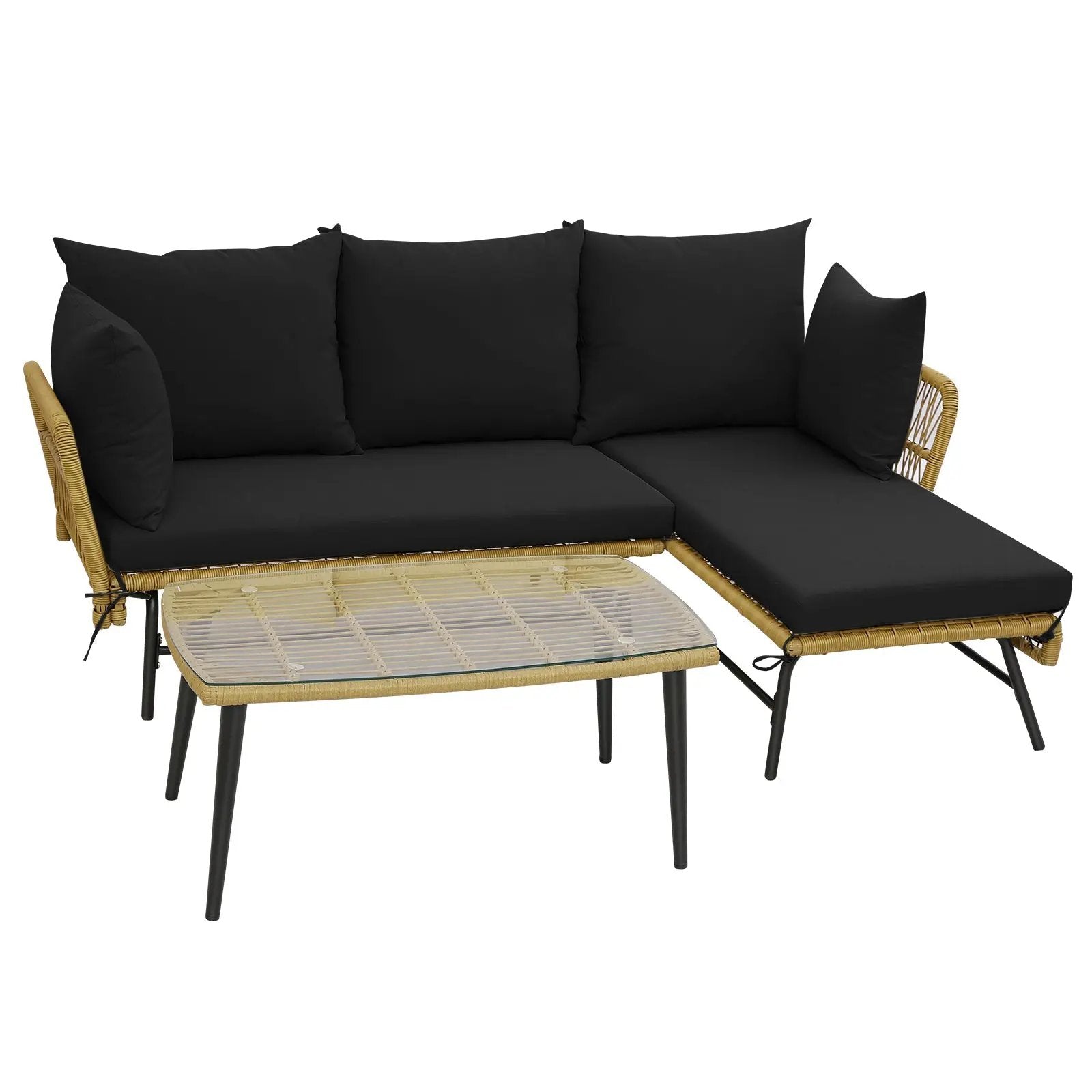3 Pieces L-Shaped Patio Sofa with Cushions and Tempered Glass Table by DirectDeals