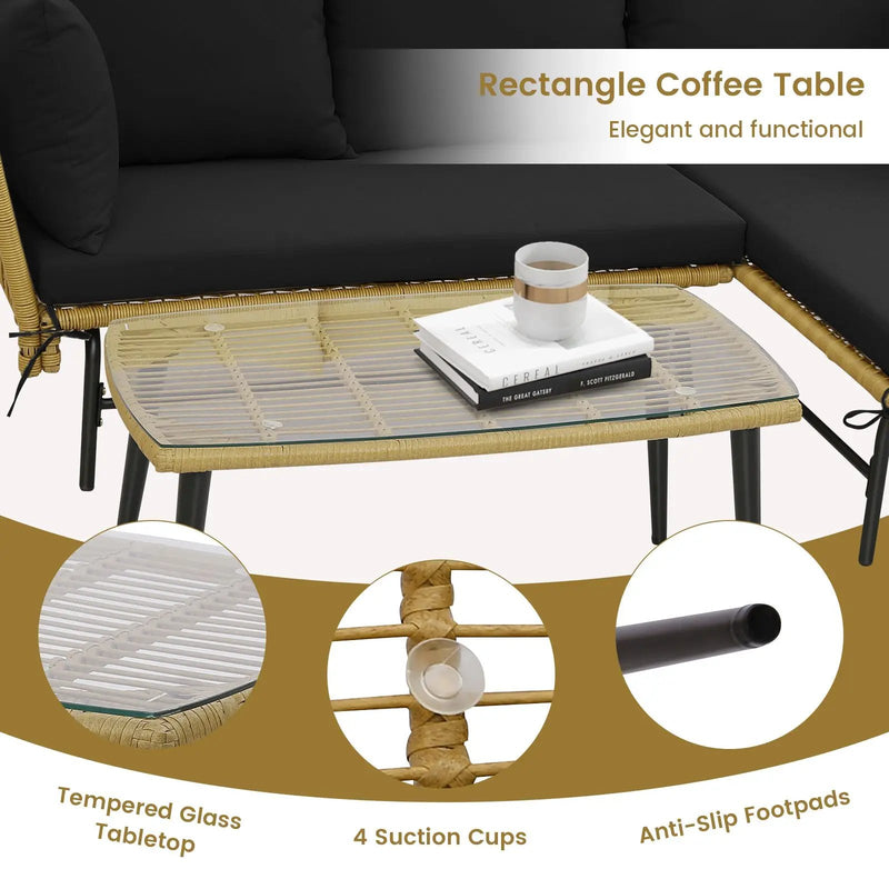 3 Pieces L-Shaped Patio Sofa with Cushions and Tempered Glass Table by DirectDeals