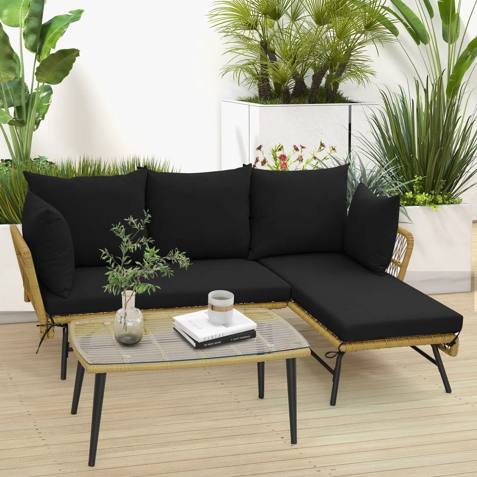 3 Pieces L-Shaped Patio Sofa with Cushions and Tempered Glass Table by DirectDeals
