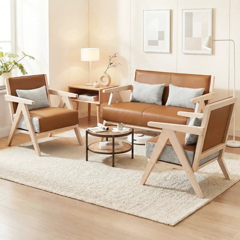 3 Pieces Living Room Furniture Set with Rubber Wood Frame by DirectDeals