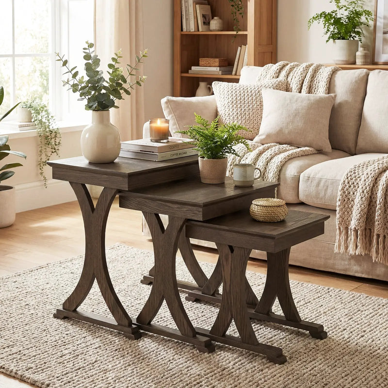 3 Pieces Nesting Coffee Table Side Table with Solid Rubber Wood Legs-Brown by DirectDeals