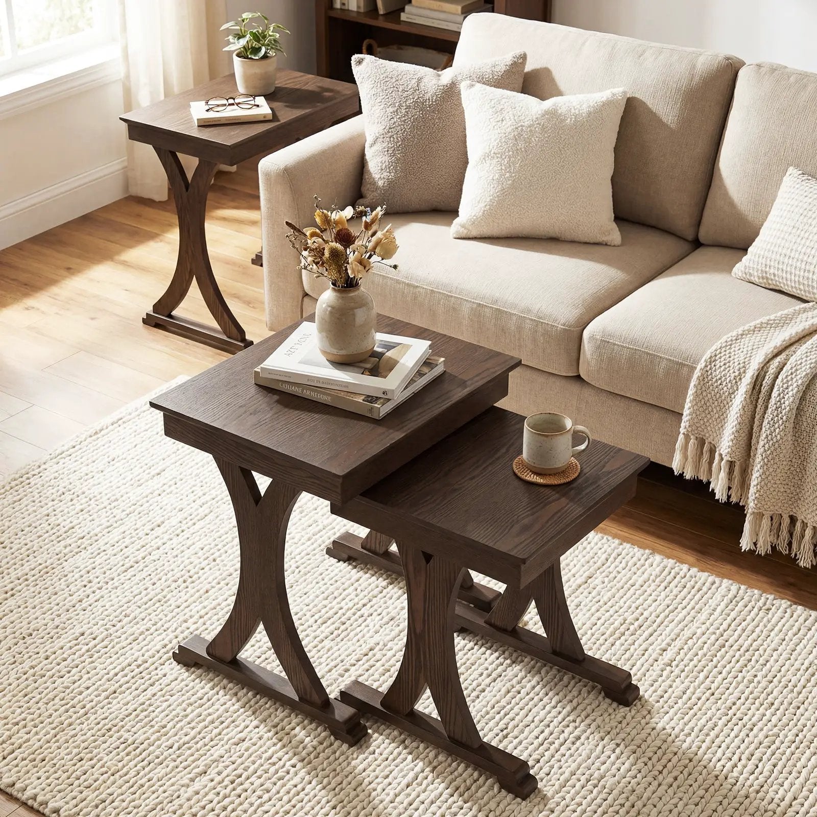3 Pieces Nesting Coffee Table Side Table with Solid Rubber Wood Legs-Brown by DirectDeals