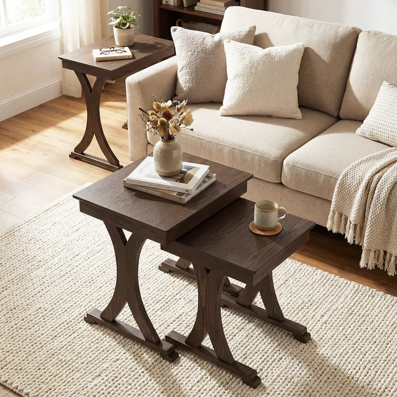 3 Pieces Nesting Coffee Table Side Table with Solid Rubber Wood Legs-Brown by DirectDeals
