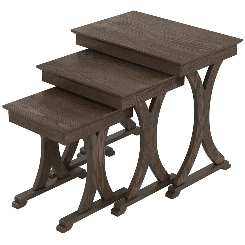 3 Pieces Nesting Coffee Table Side Table with Solid Rubber Wood Legs-Brown by DirectDeals