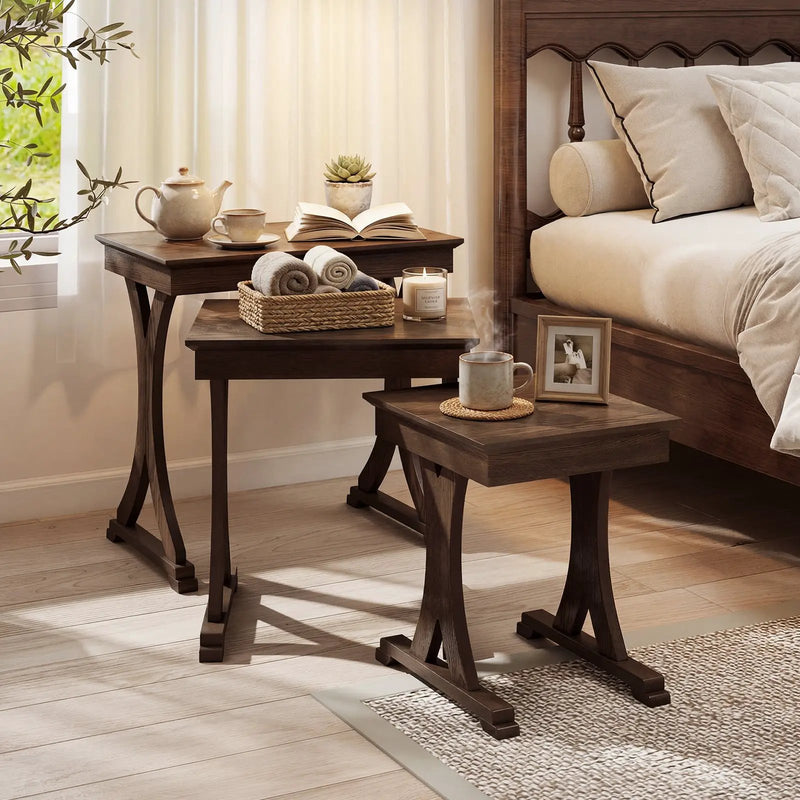 3 Pieces Nesting Coffee Table Side Table with Solid Rubber Wood Legs-Brown by DirectDeals