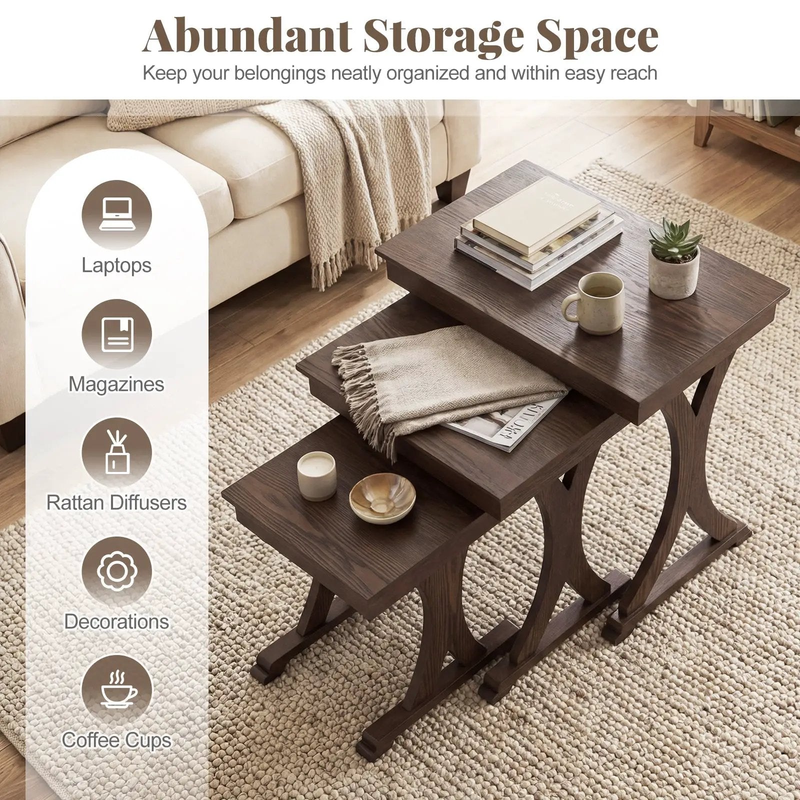 3 Pieces Nesting Coffee Table Side Table with Solid Rubber Wood Legs-Brown by DirectDeals