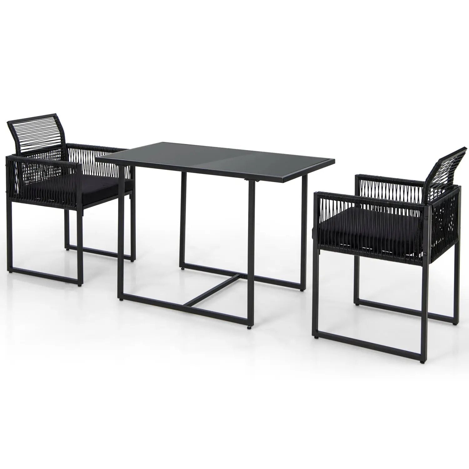 3 Pieces Outdoor Dining Set with Folding Backrest and Seat Cushions-Black by DirectDeals