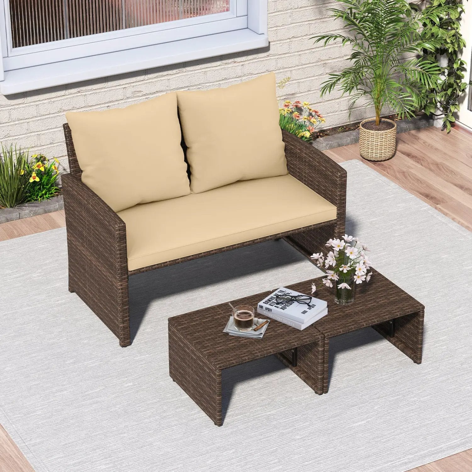 3 Pieces Outdoor Patio PE Wicker Furniture Set with Cushions-Beige by DirectDeals