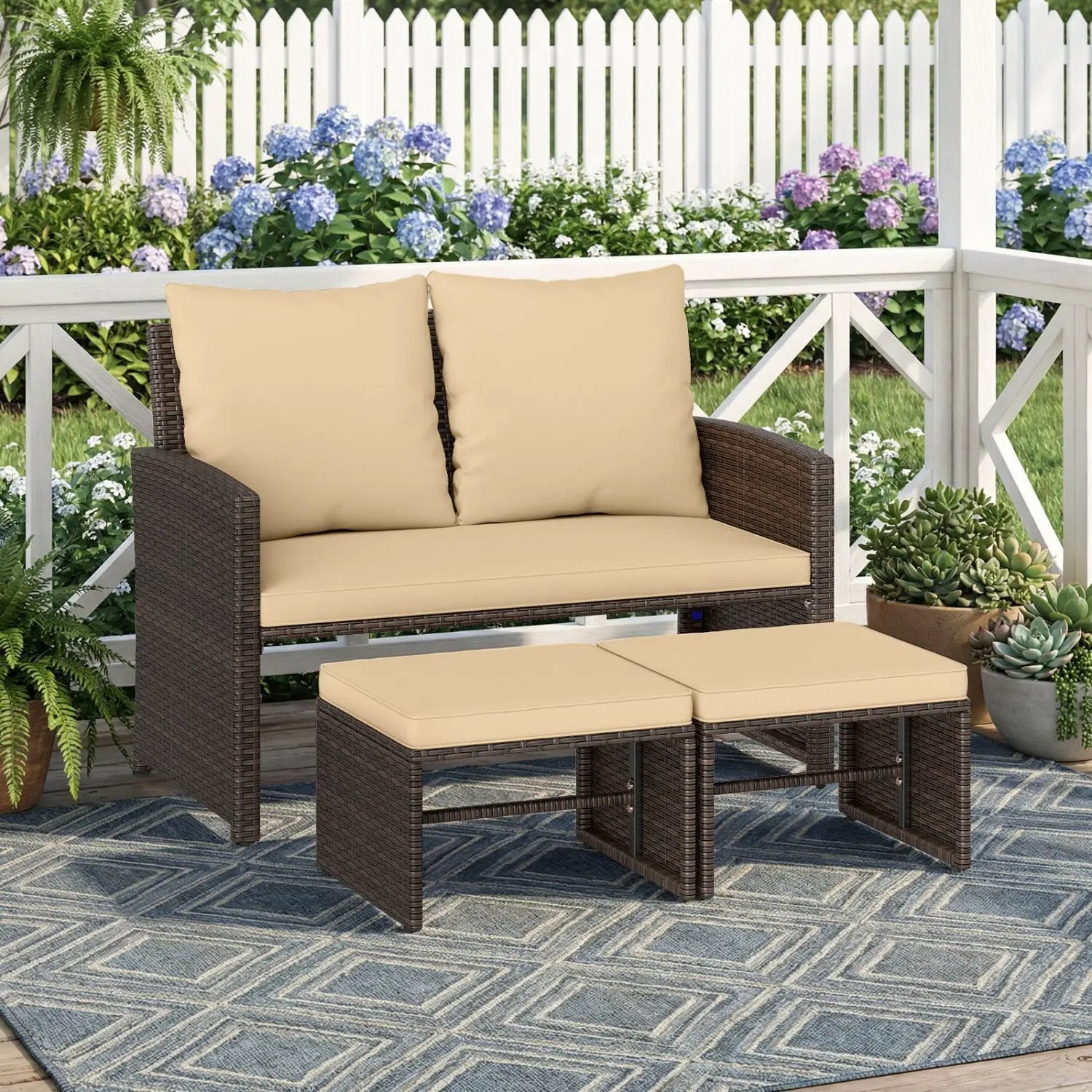 3 Pieces Outdoor Patio PE Wicker Furniture Set with Cushions-Beige by DirectDeals