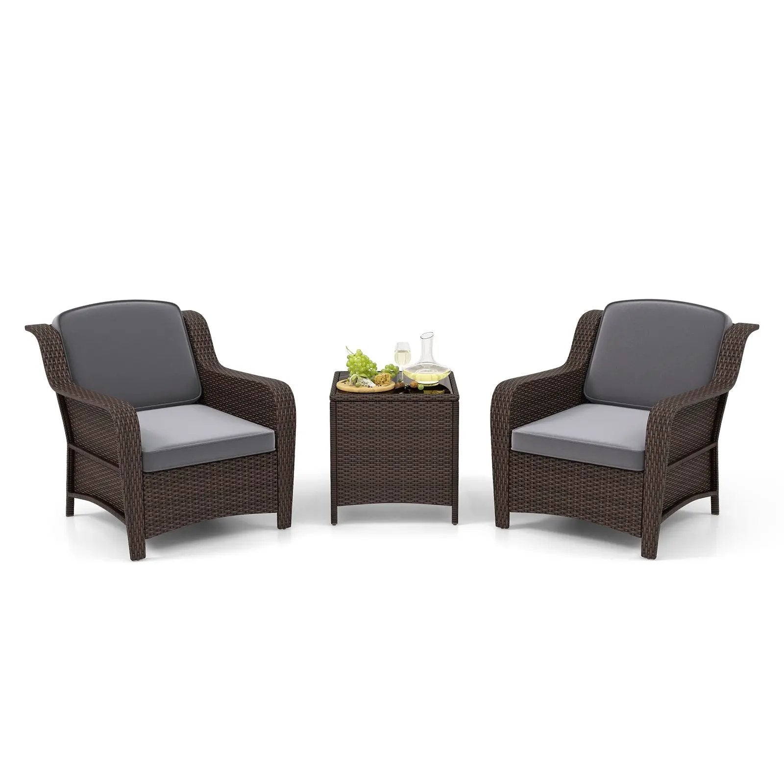 3 Pieces Outdoor Rattan Furniture Set with Cushions and Tempered Glass Coffee Table-Gray by DirectDeals