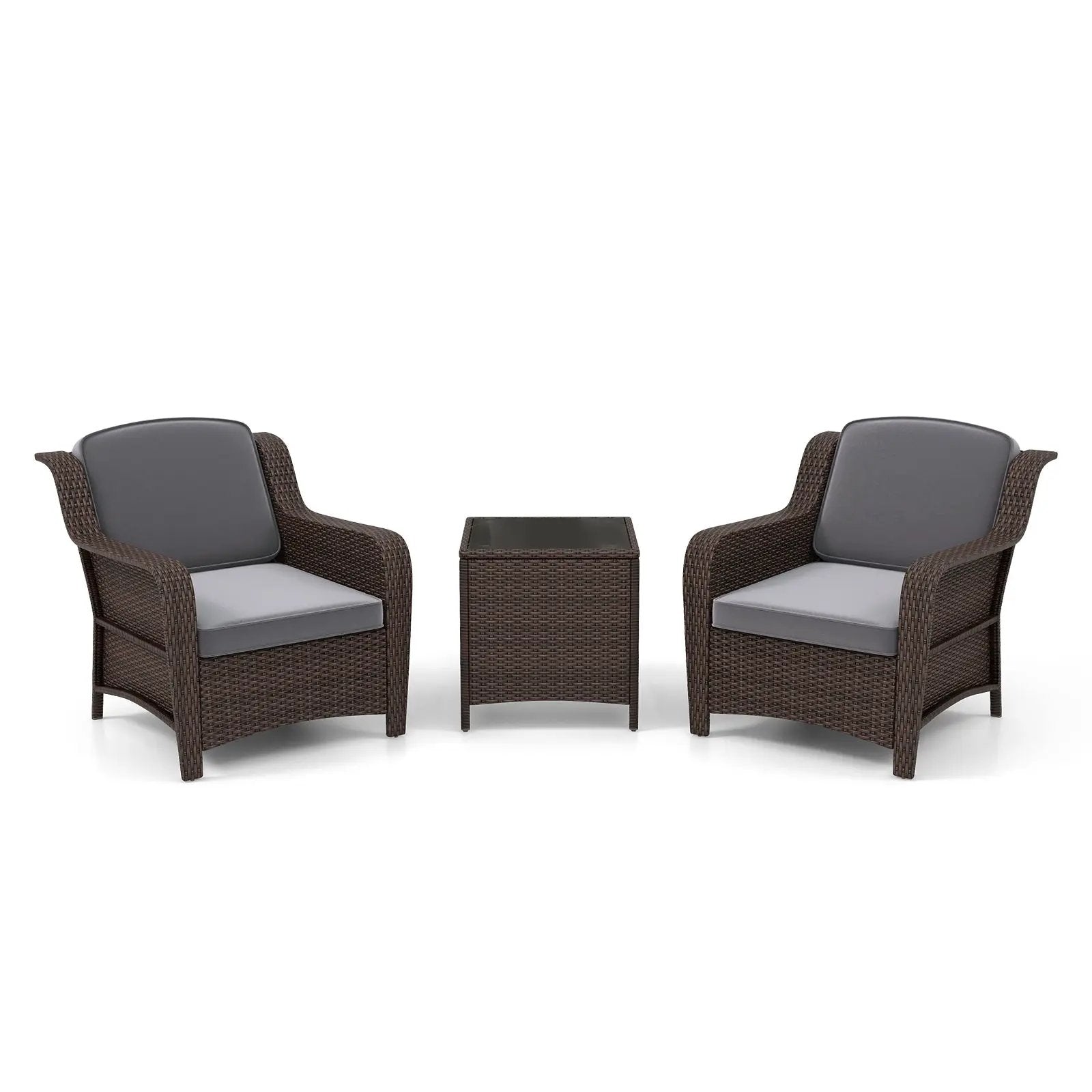 3 Pieces Outdoor Rattan Furniture Set with Cushions and Tempered Glass Coffee Table-Gray by DirectDeals
