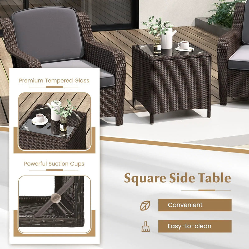 3 Pieces Outdoor Rattan Furniture Set with Cushions and Tempered Glass Coffee Table-Gray by DirectDeals