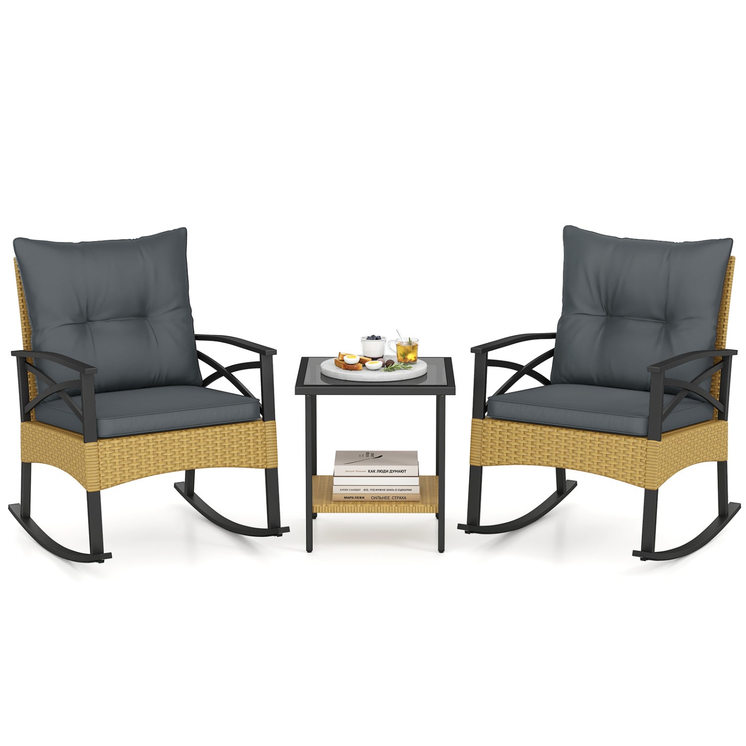 3 Pieces Outdoor Rattan Rocking Chairs Set with 2-Tier Side Table for Garden Backyard by DirectDeals