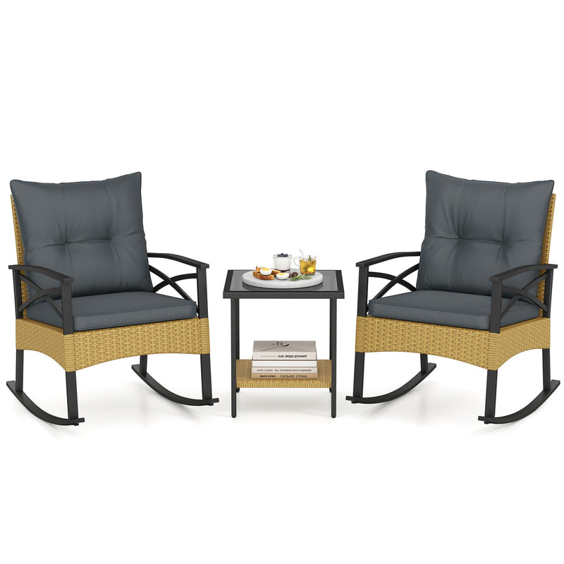 3 Pieces Outdoor Rattan Rocking Chairs Set with 2-Tier Side Table for Garden Backyard by DirectDeals