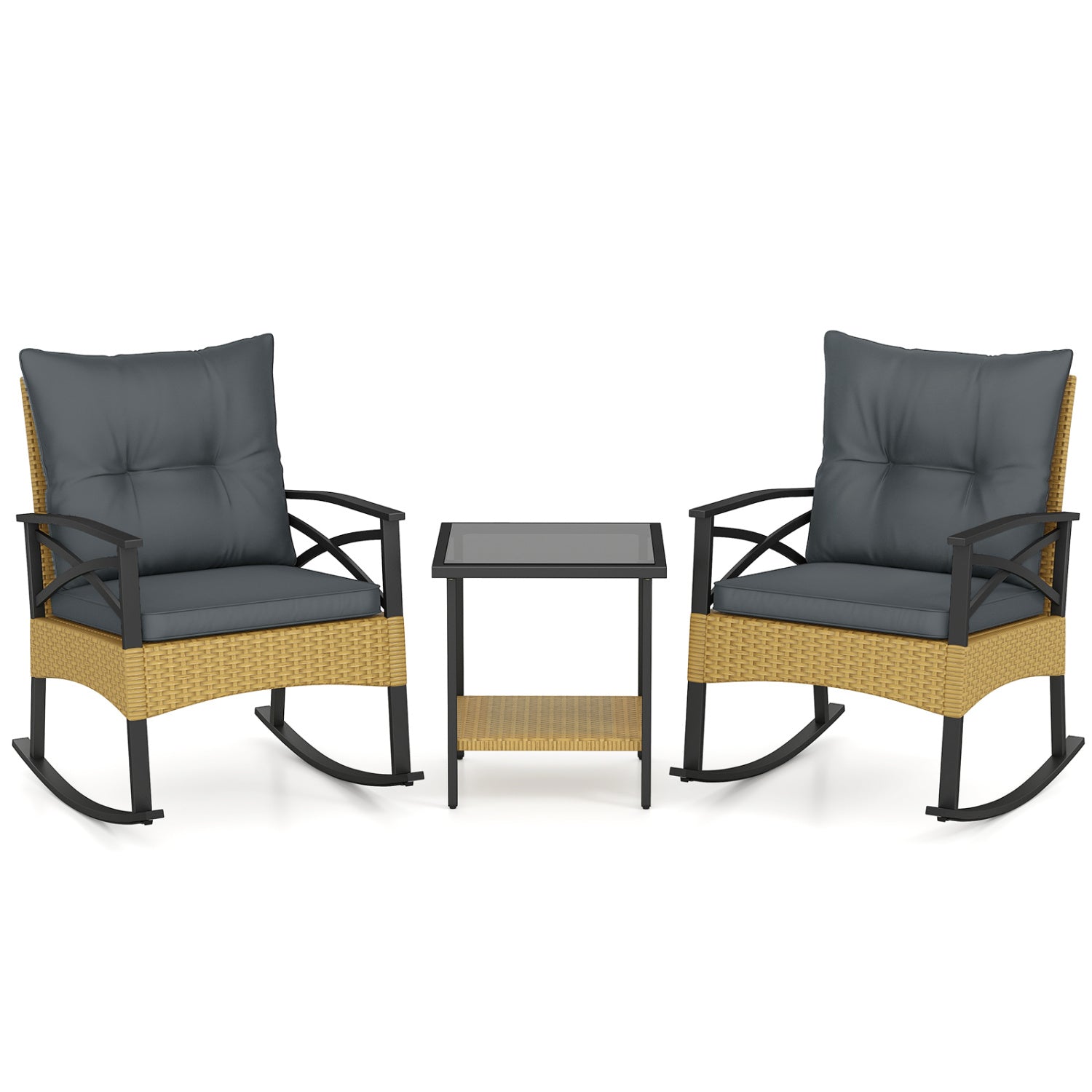 3 Pieces Outdoor Rattan Rocking Chairs Set with 2-Tier Side Table for Garden Backyard by DirectDeals