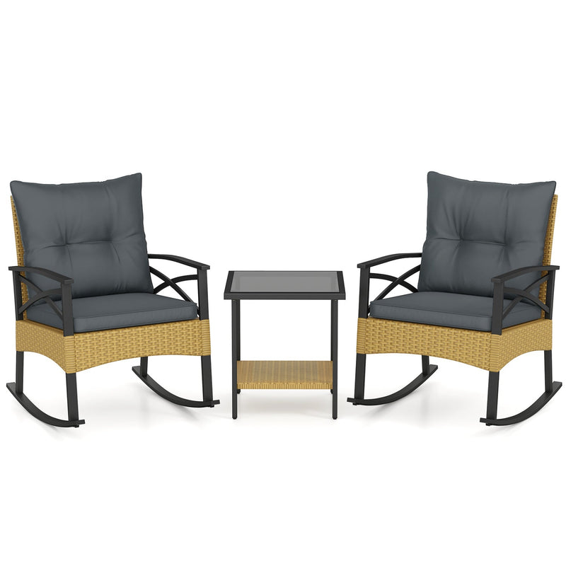 3 Pieces Outdoor Rattan Rocking Chairs Set with 2-Tier Side Table for Garden Backyard by DirectDeals