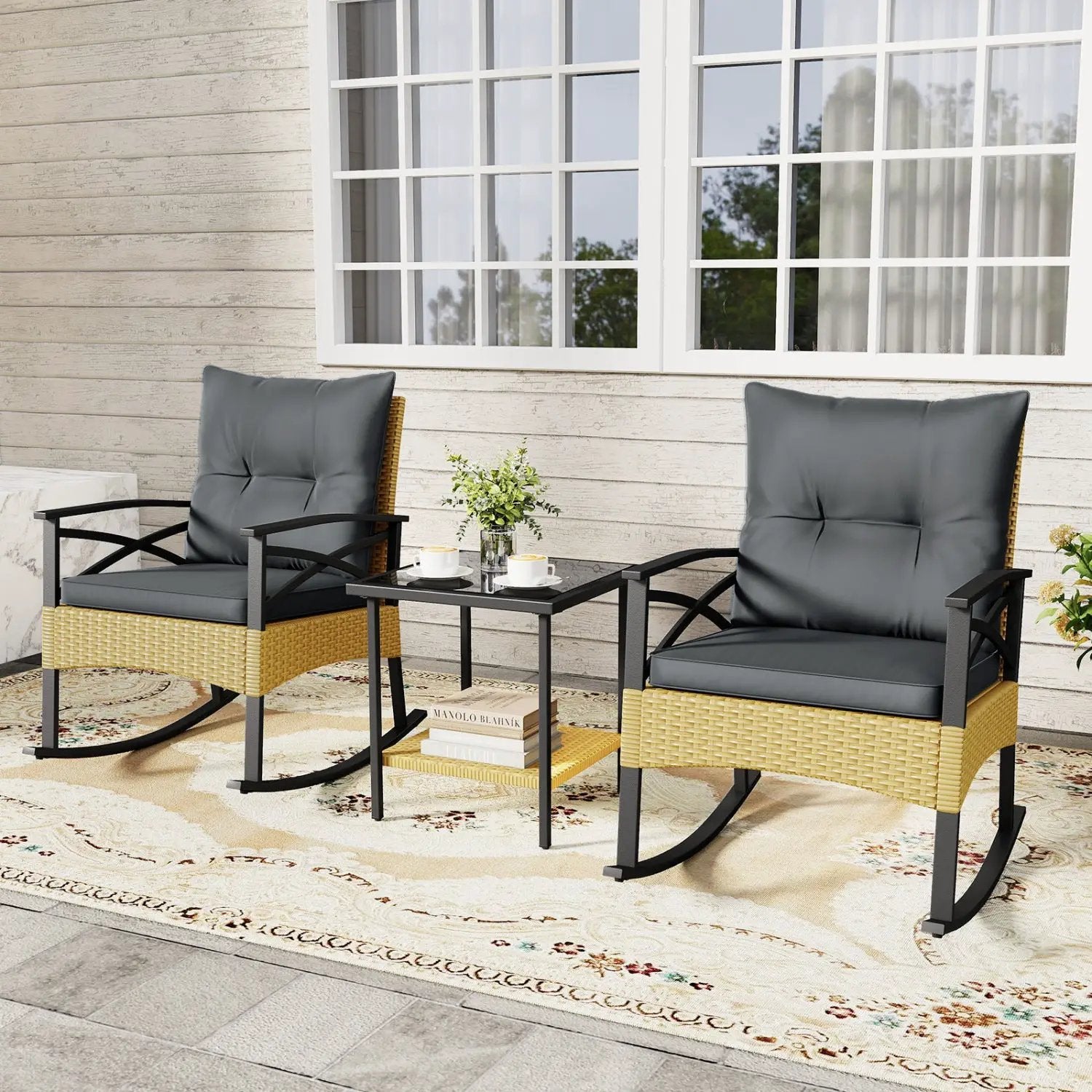 3 Pieces Outdoor Rattan Rocking Chairs Set with 2-Tier Side Table for Garden Backyard by DirectDeals
