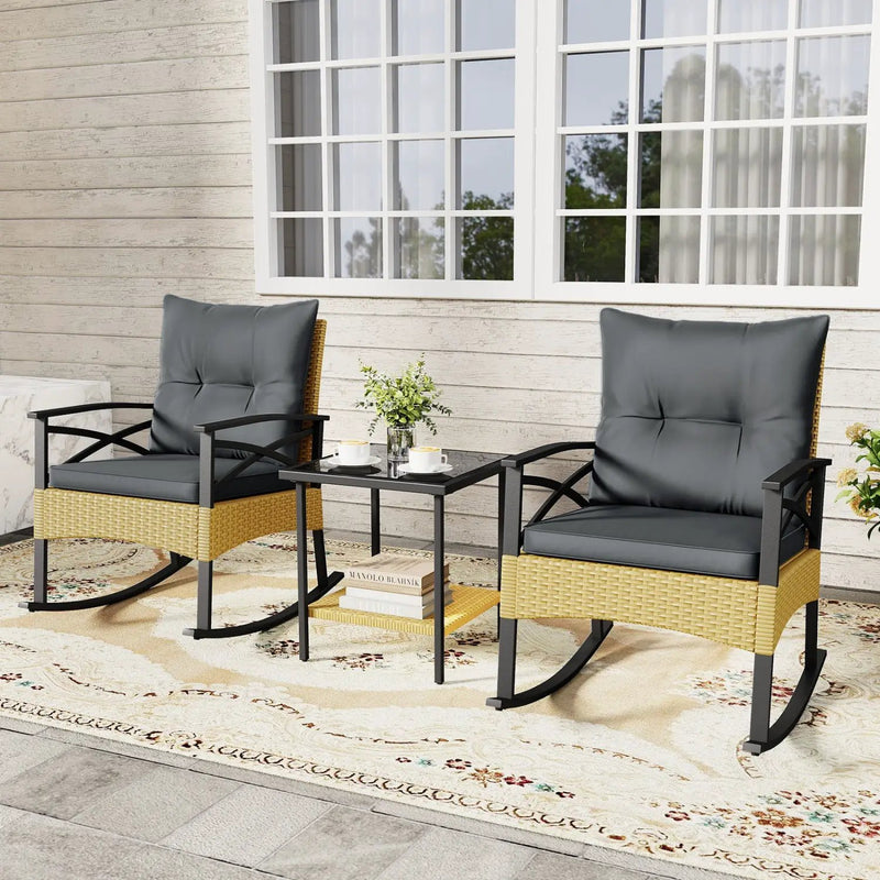 3 Pieces Outdoor Rattan Rocking Chairs Set with 2-Tier Side Table for Garden Backyard by DirectDeals