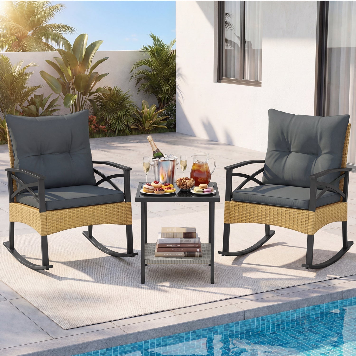 3 Pieces Outdoor Rattan Rocking Chairs Set with 2-Tier Side Table for Garden Backyard by DirectDeals