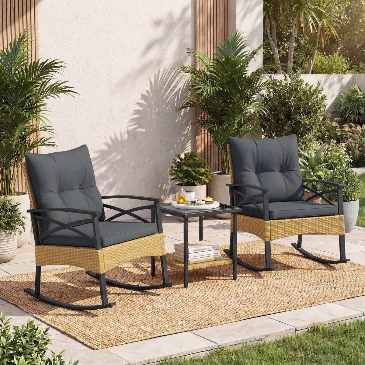3 Pieces Outdoor Rattan Rocking Chairs Set with 2-Tier Side Table for Garden Backyard, photo 23 of 32