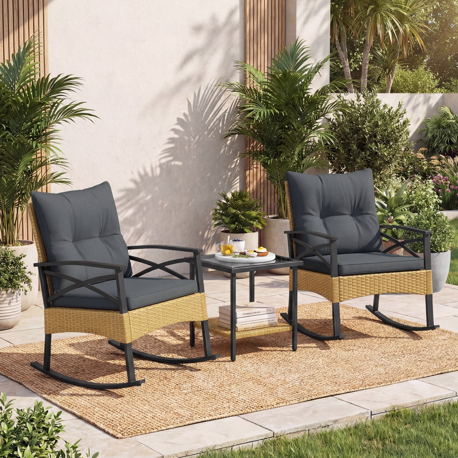 3 Pieces Outdoor Rattan Rocking Chairs Set with 2-Tier Side Table for Garden Backyard by DirectDeals