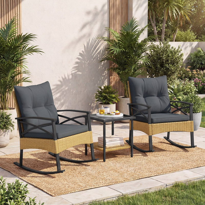 3 Pieces Outdoor Rattan Rocking Chairs Set with 2-Tier Side Table for Garden Backyard by DirectDeals