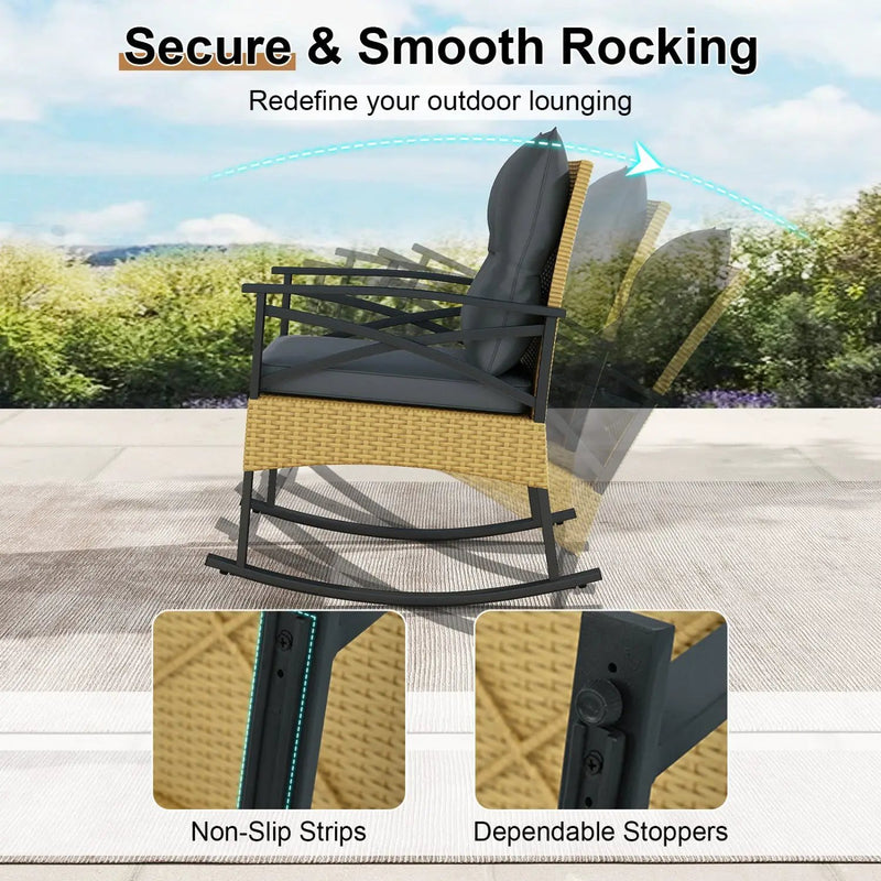 3 Pieces Outdoor Rattan Rocking Chairs Set with 2-Tier Side Table for Garden Backyard by DirectDeals