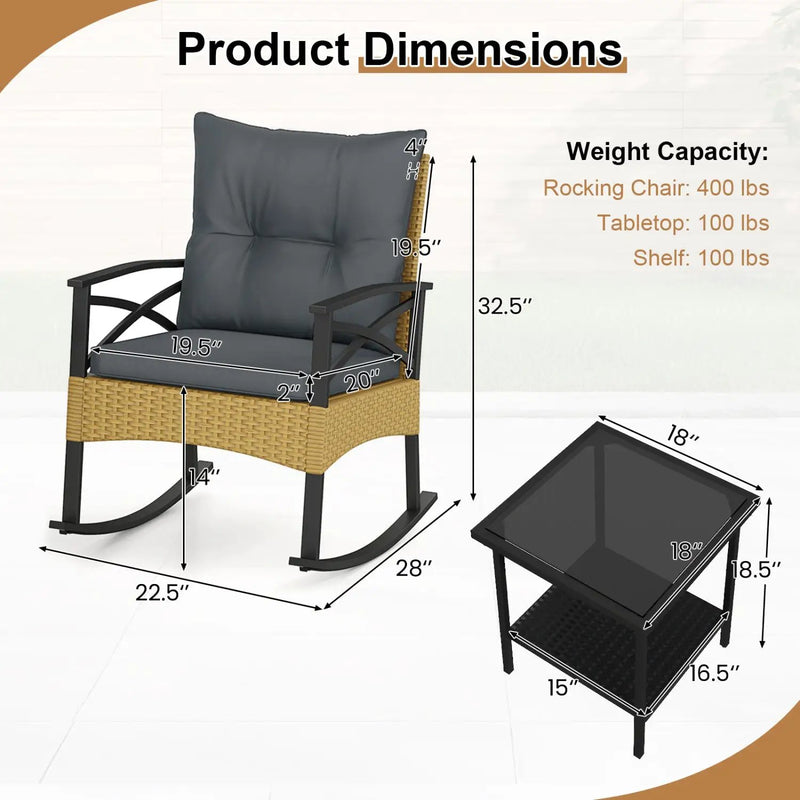 3 Pieces Outdoor Rattan Rocking Chairs Set with 2-Tier Side Table for Garden Backyard by DirectDeals