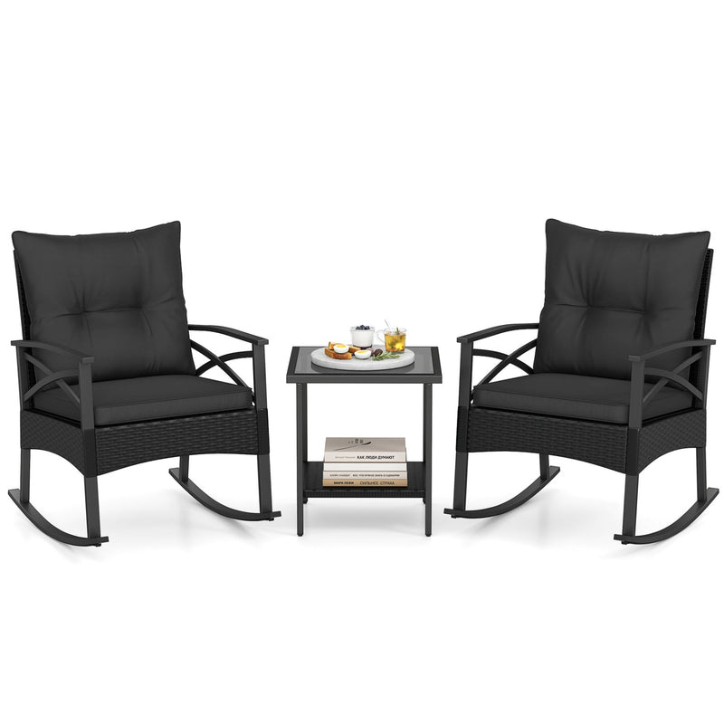 3 Pieces Outdoor Rattan Rocking Chairs Set with 2-Tier Side Table for Garden Backyard by DirectDeals
