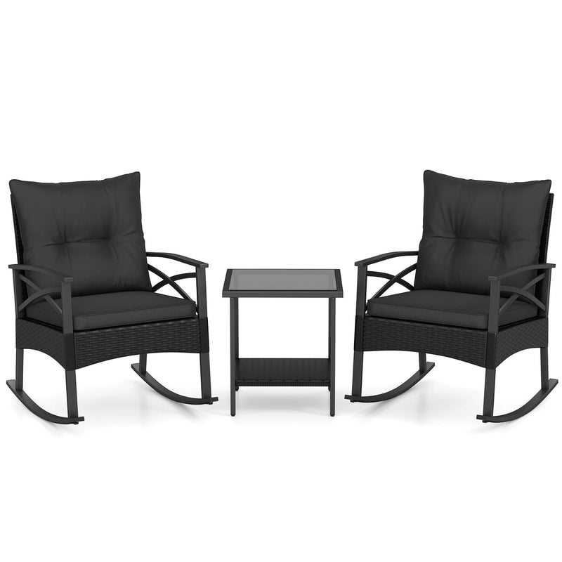 3 Pieces Outdoor Rattan Rocking Chairs Set with 2-Tier Side Table for Garden Backyard by DirectDeals