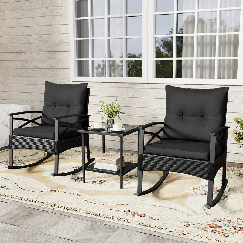 3 Pieces Outdoor Rattan Rocking Chairs Set with 2-Tier Side Table for Garden Backyard by DirectDeals