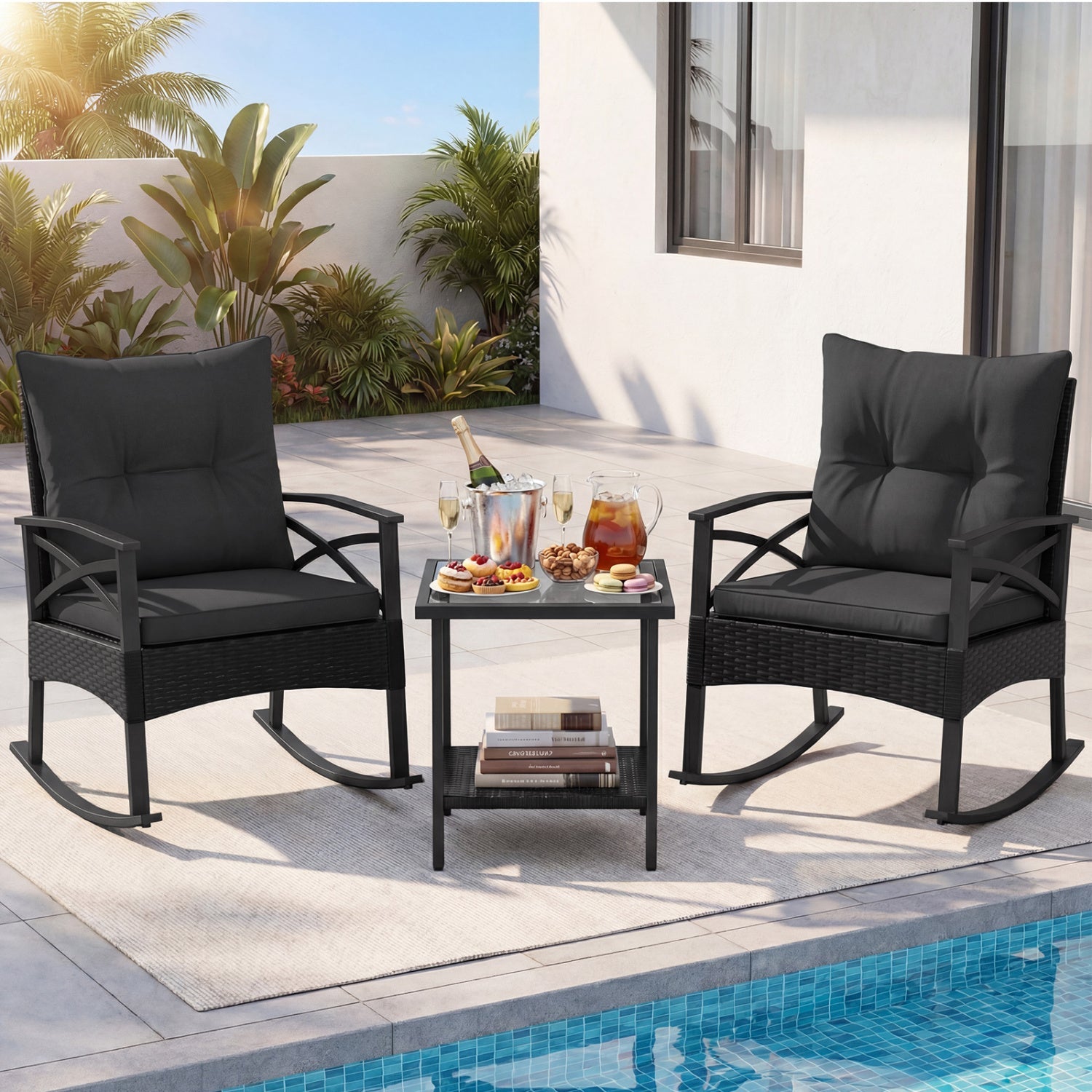 3 Pieces Outdoor Rattan Rocking Chairs Set with 2-Tier Side Table for Garden Backyard by DirectDeals