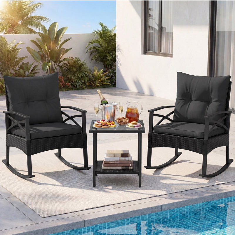 3 Pieces Outdoor Rattan Rocking Chairs Set with 2-Tier Side Table for Garden Backyard by DirectDeals