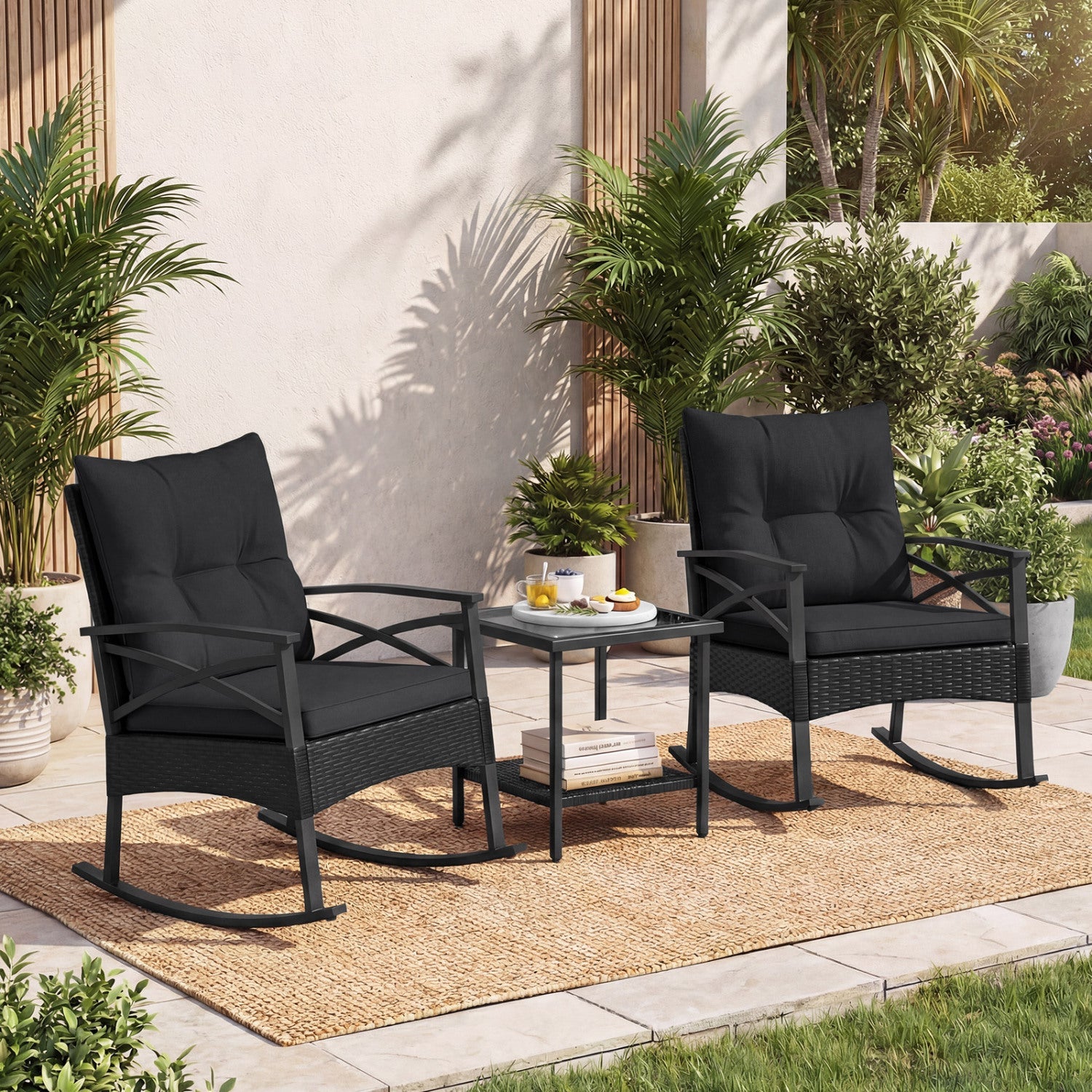 3 Pieces Outdoor Rattan Rocking Chairs Set with 2-Tier Side Table for Garden Backyard by DirectDeals
