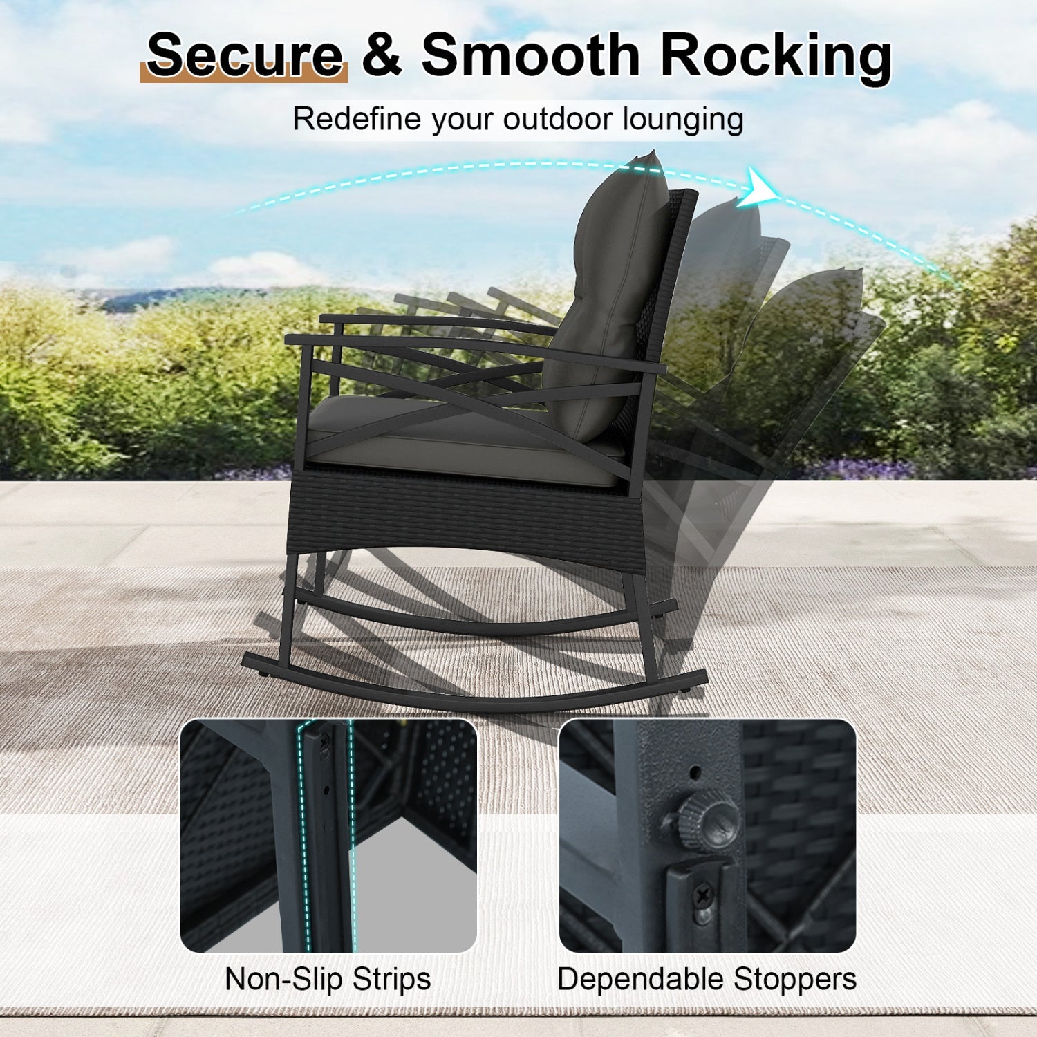 3 Pieces Outdoor Rattan Rocking Chairs Set with 2-Tier Side Table for Garden Backyard by DirectDeals