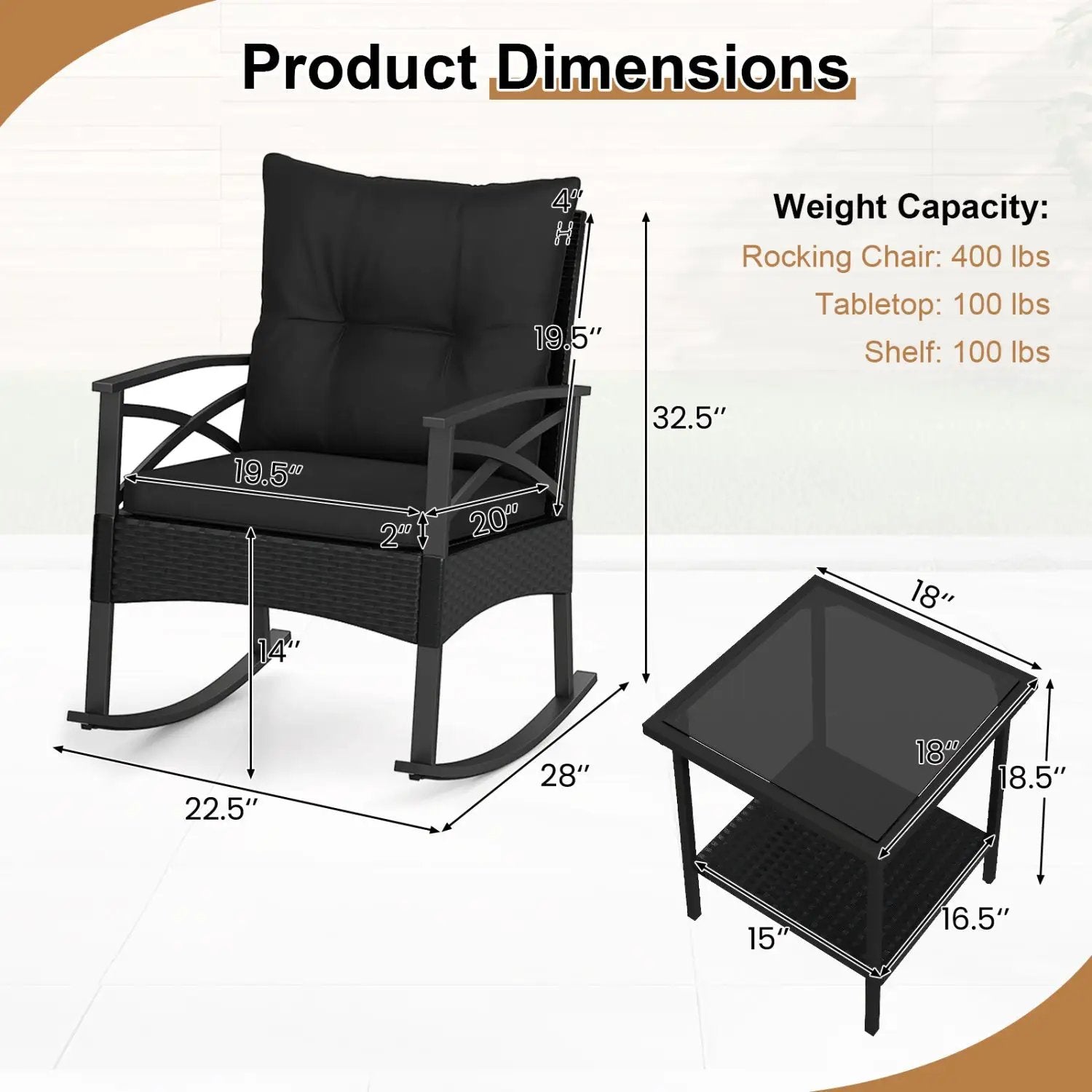 3 Pieces Outdoor Rattan Rocking Chairs Set with 2-Tier Side Table for Garden Backyard by DirectDeals