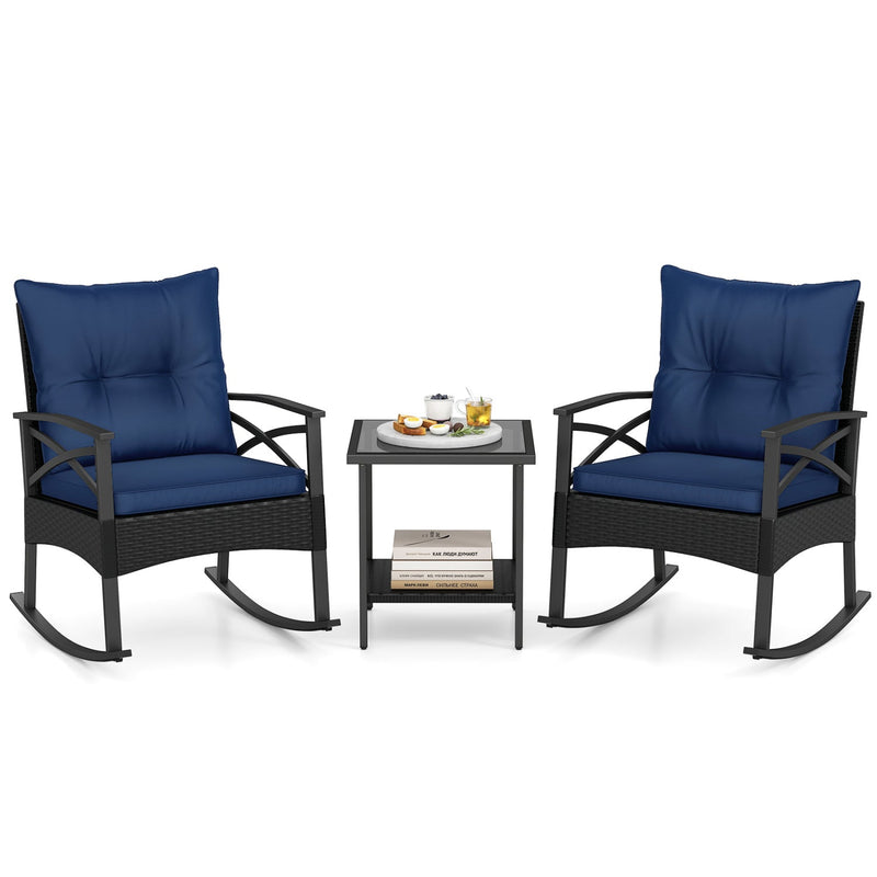 3 Pieces Outdoor Rattan Rocking Chairs Set with 2-Tier Side Table for Garden Backyard by DirectDeals